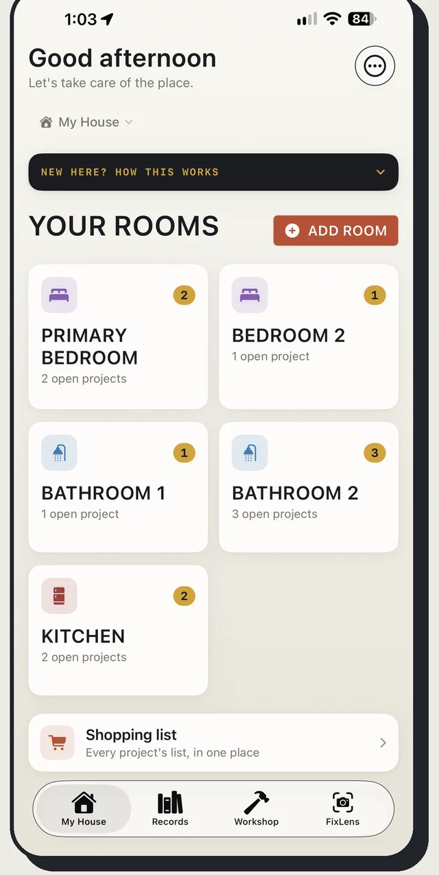 CastleWise home screen with rooms and open project counts