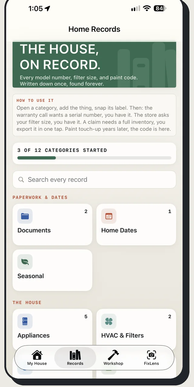 Home Records screen with categories for documents, appliances, and HVAC