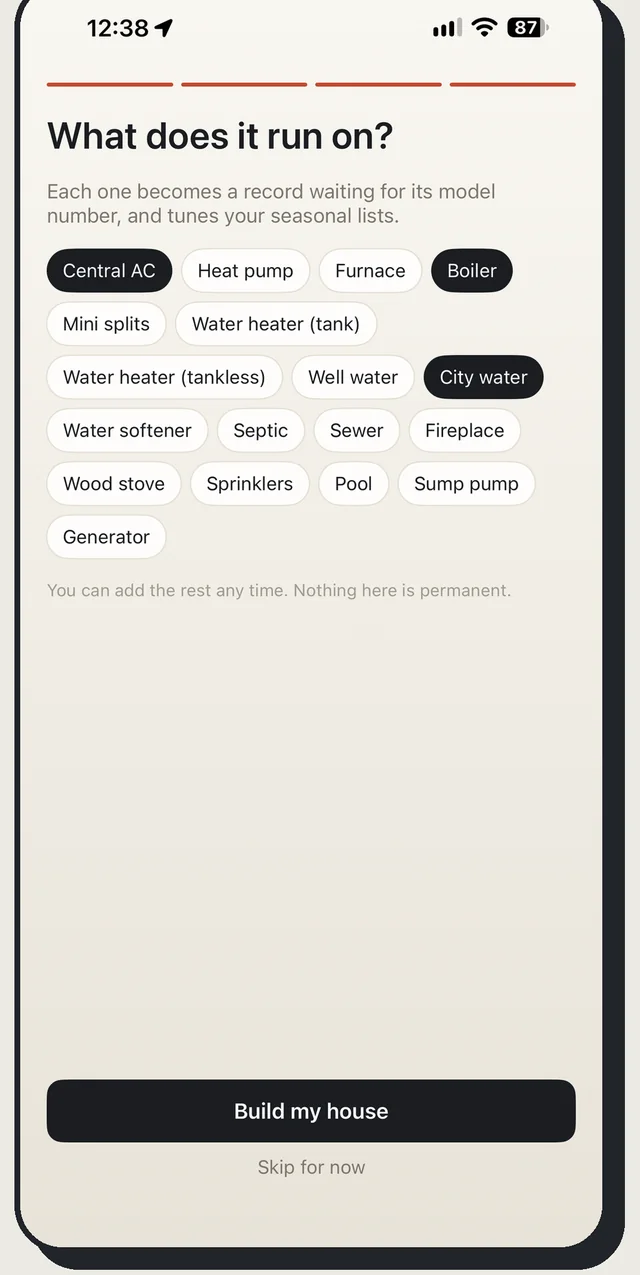 Onboarding screen capturing home systems like AC, water heater, and water source